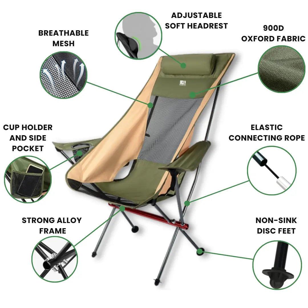 New High Back Camping Armchair with Cup Holder & Headrest